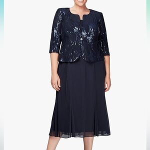 Alex Evenings womens Plus Size Tea Length Jacket and Dress, Navy Size 16